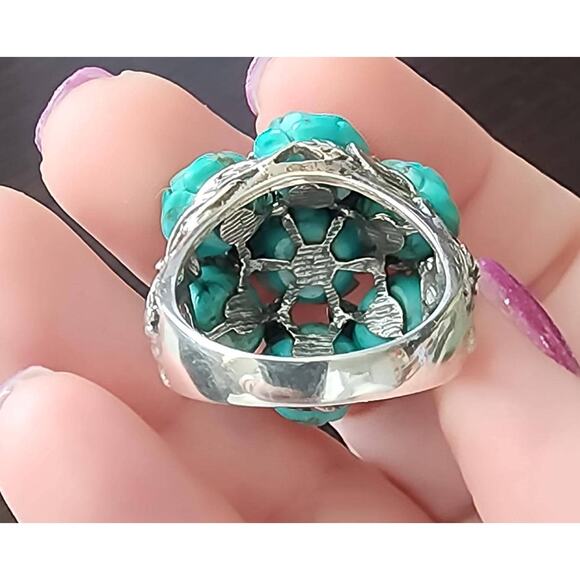 Handcrafted Sterling Silver Turquoise Rose Statement Ring - (US Size 9.5) - Picture 6 of 8